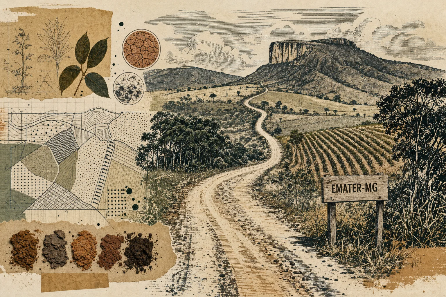 Estrada rural ilustrada conectando talhões e marcadores técnicos, relacionada às lotações da Emater-MG em Minas Gerais