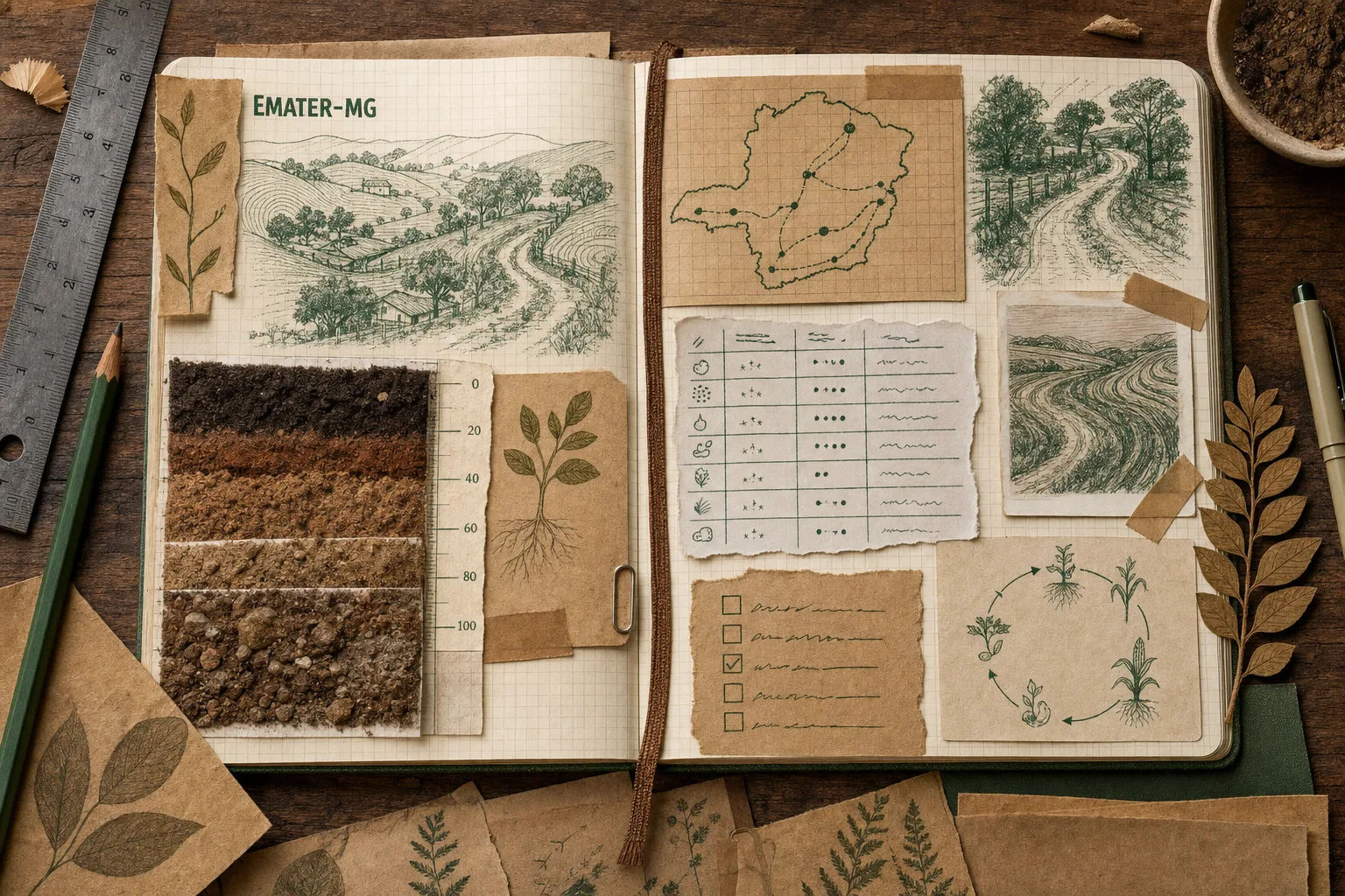 Caderno técnico rural com amostras de solo, mapa de rotas e materiais de preparação para o concurso Emater-MG