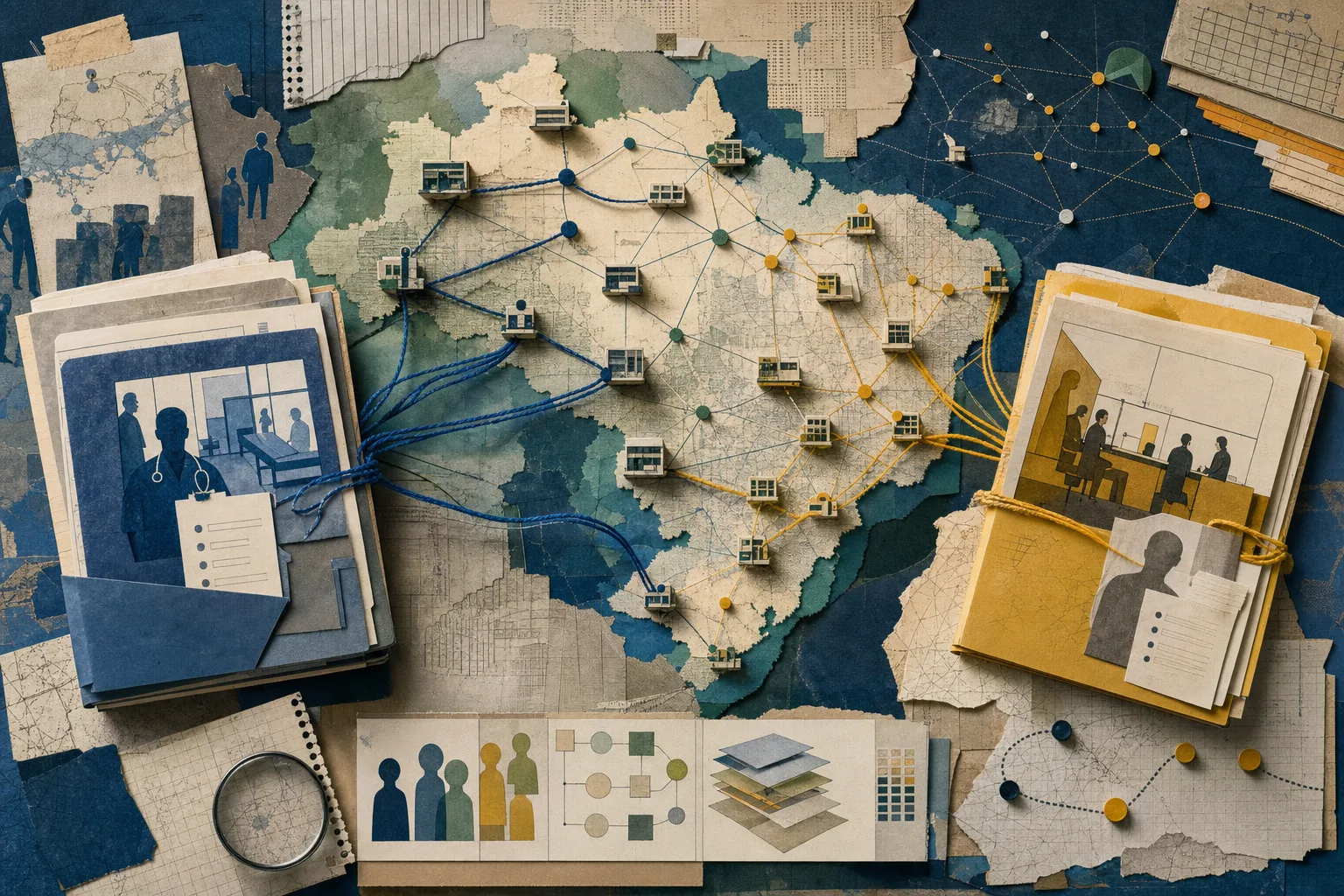Duas rotas editoriais de papel, uma de atendimento público e outra de avaliação clínica, conectadas à rede de agências do INSS