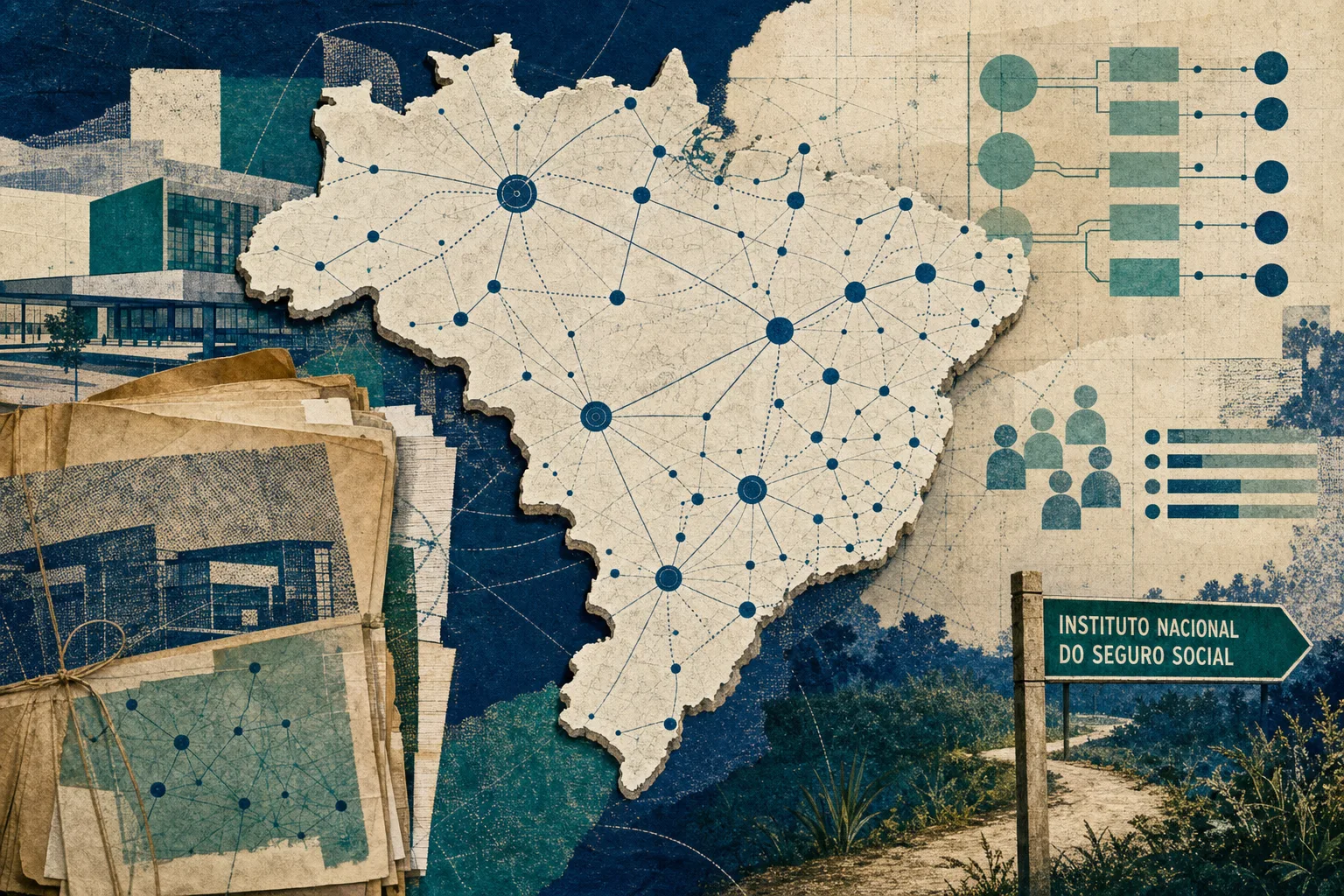 Atlas editorial do Brasil com agências abstratas, rotas incompletas e camadas de arquivo que representam a rede do concurso do INSS