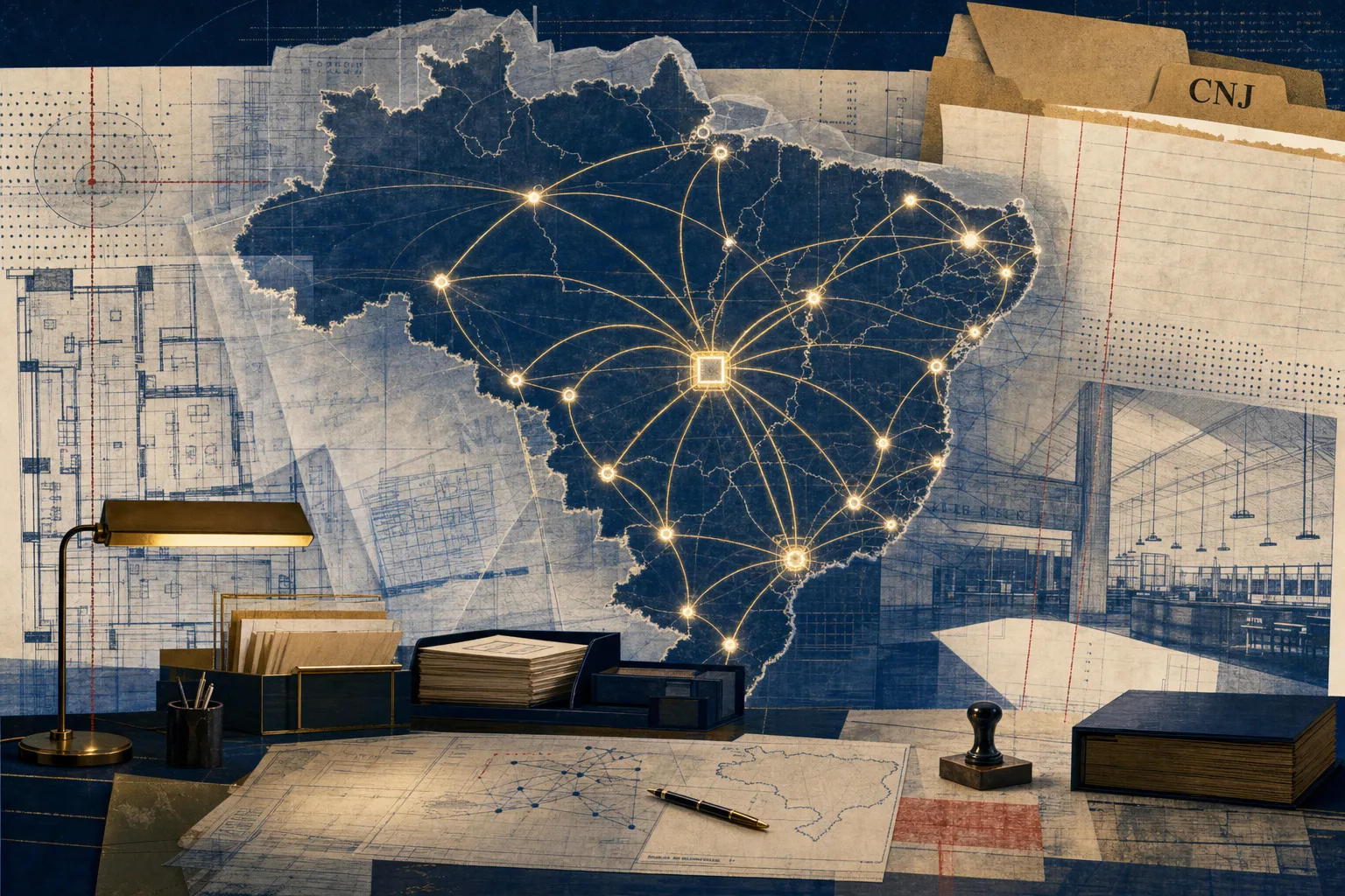 Mapa editorial do Brasil em papel de registro com rotas luminosas entre capitais, representando a aplicação simultânea do ENAC