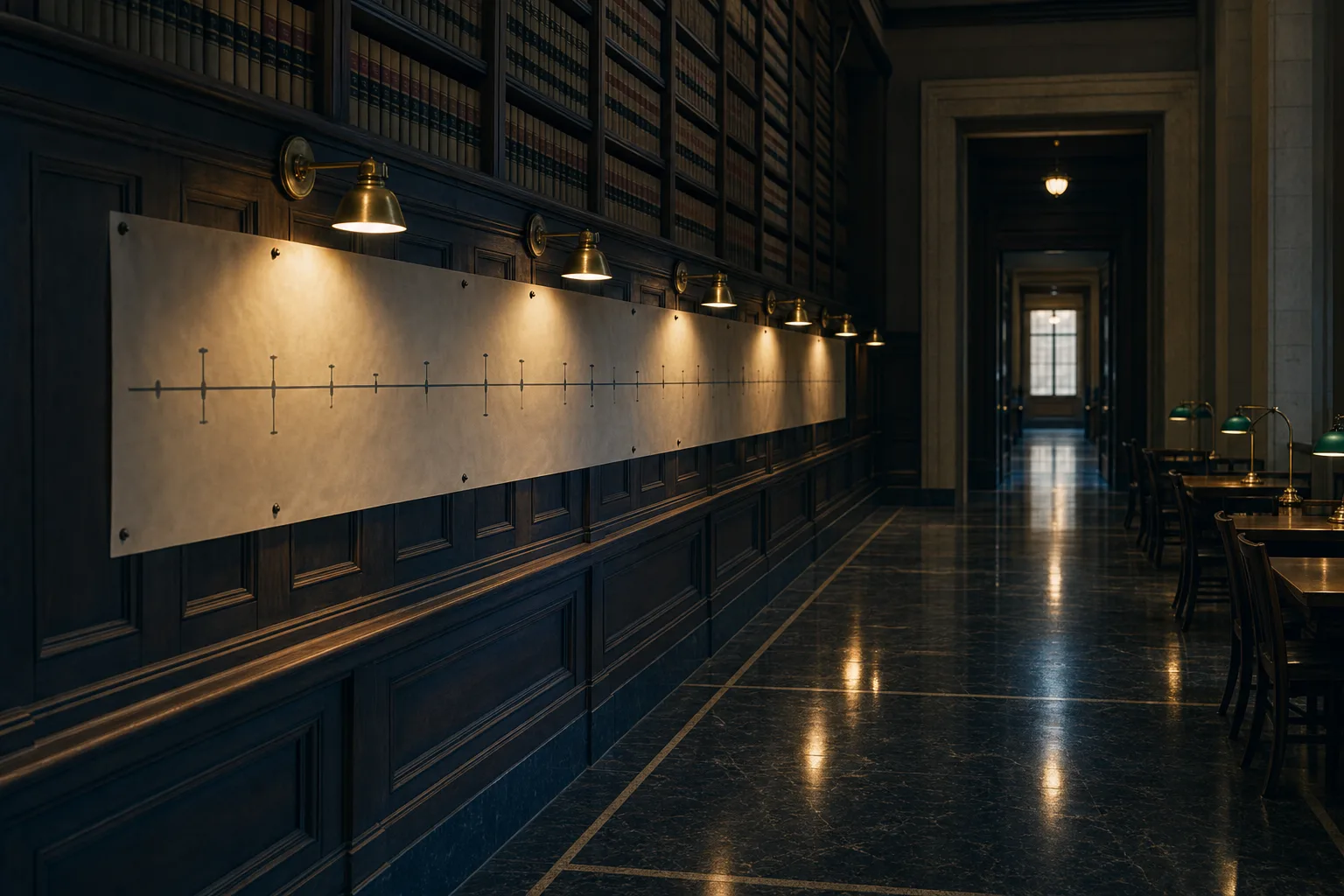 Corredor de biblioteca jurídica vazio com estantes e uma linha de papel, sugerindo a próxima etapa da carreira após a habilitação no ENAM.