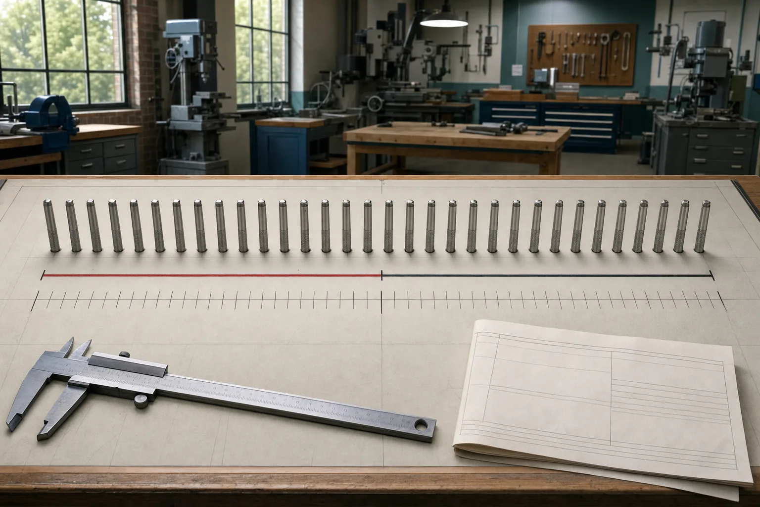 Mesa de desenho técnico com marcadores metálicos alinhados, régua, paquímetro e folha de planejamento de aula para representar a prova escrita do concurso