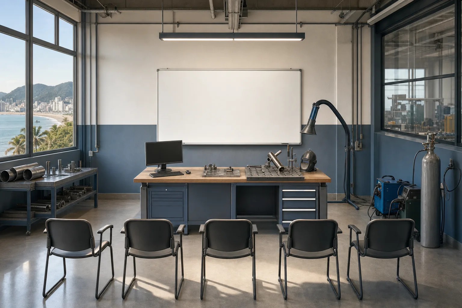 Sala-laboratório vazia preparada para demonstração pedagógica, com bancada, computador, dispositivo de prática de soldagem e cinco cadeiras de avaliação