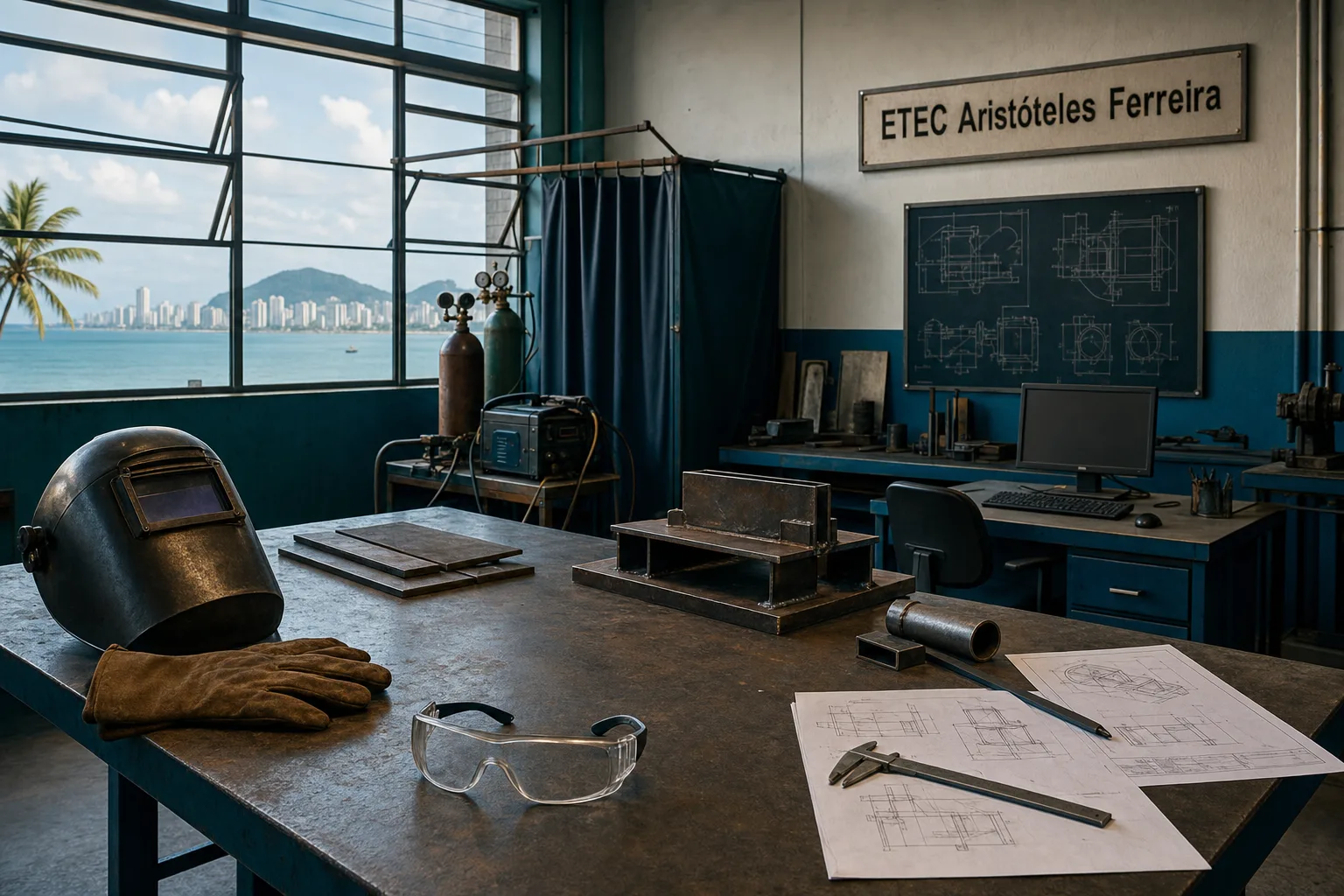 Oficina-laboratório técnica vazia da ETEC Aristóteles Ferreira, com bancada metálica, computador, ferramentas ligadas à soldagem e desenhos técnicos