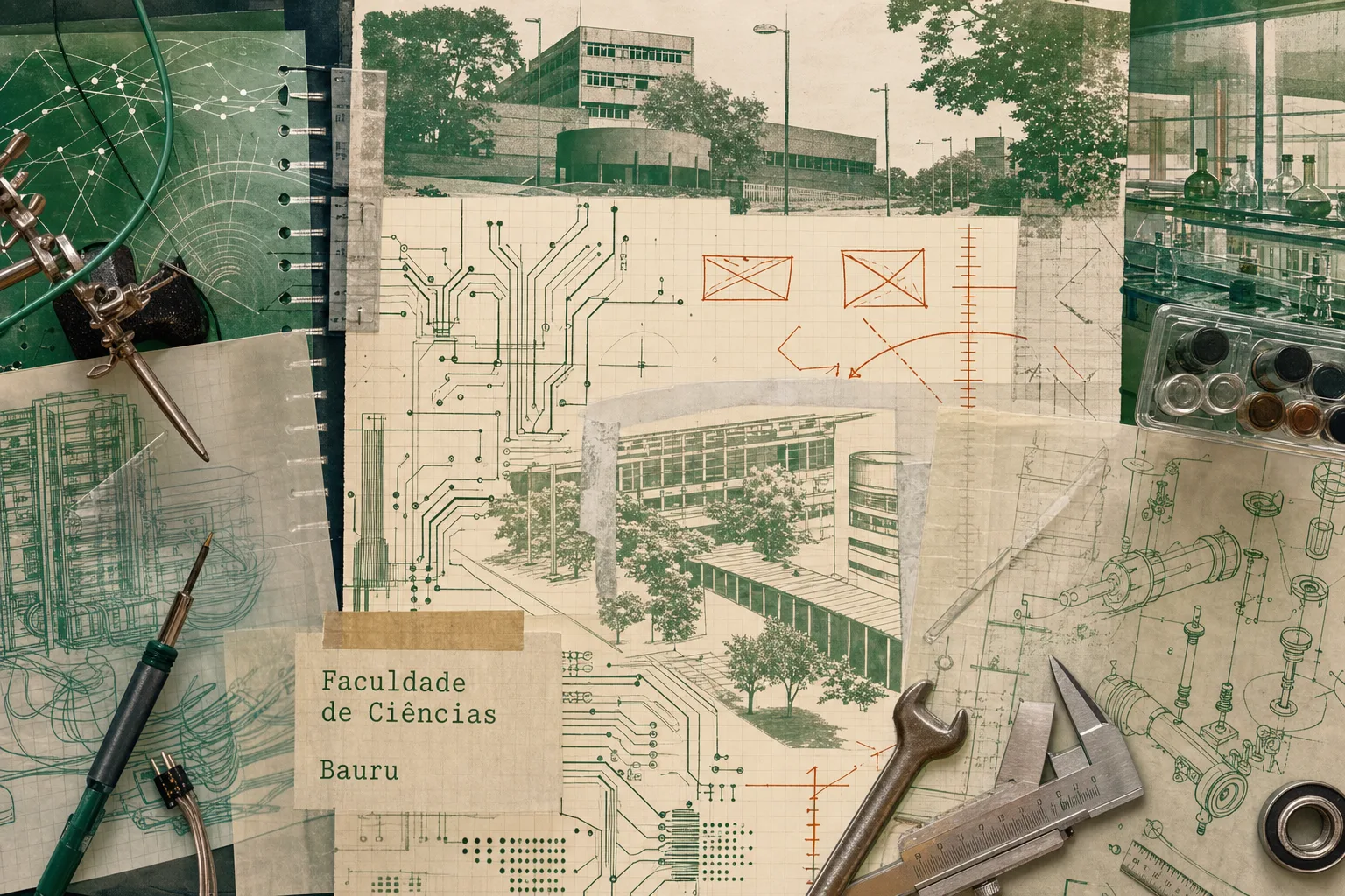 Caderno técnico de laboratório com traços de circuito e referências visuais à Faculdade de Ciências em Bauru