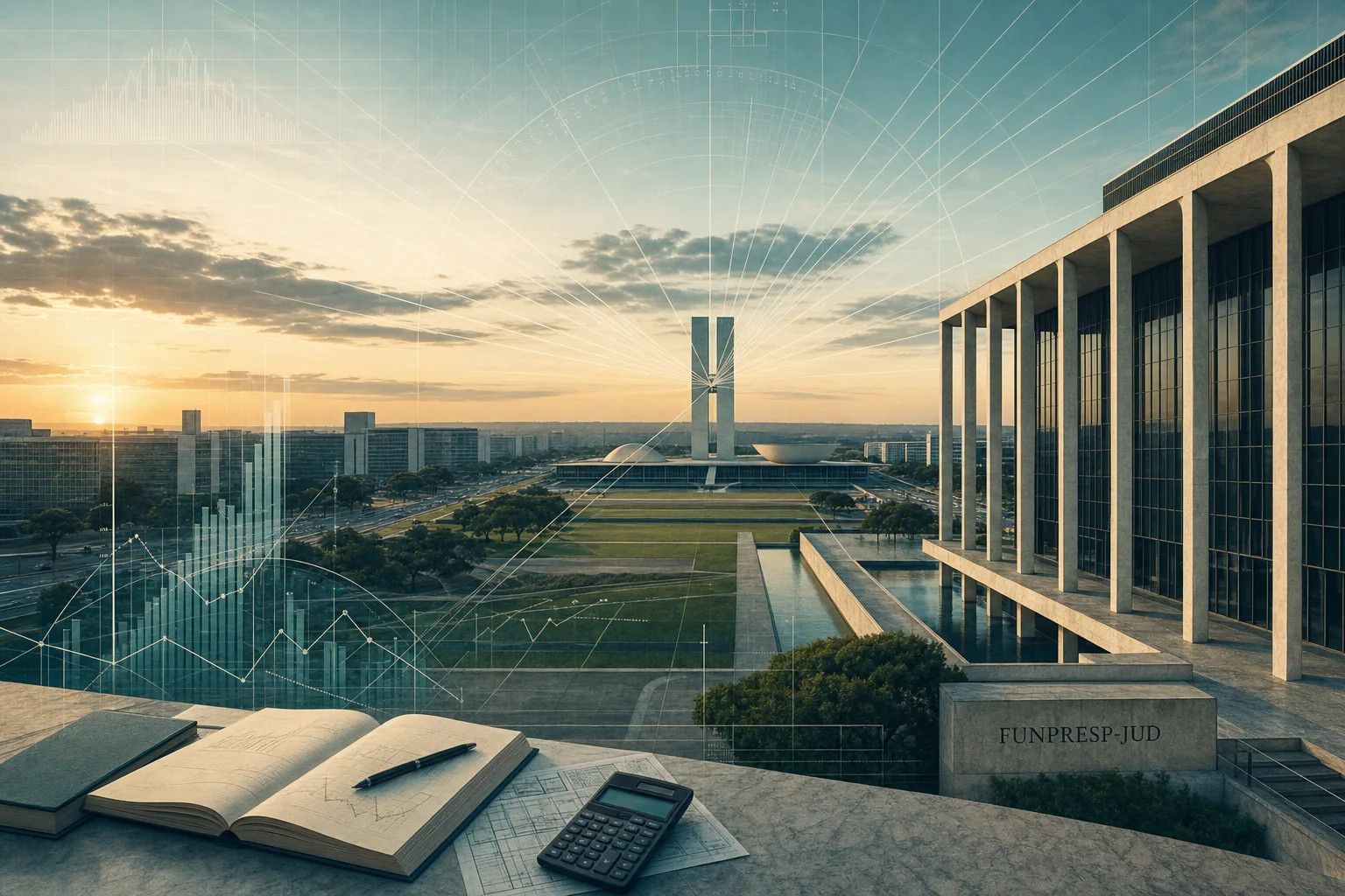 Eixo cívico de Brasília ao amanhecer visto com linhas de projeção relacionadas ao ambiente institucional da FUNPRESP-JUD