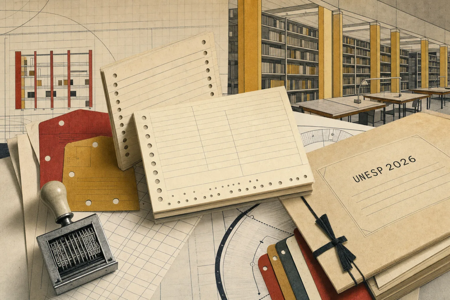 Colagem editorial de fichas de circulação, carimbo e pasta UNESP 2026 sobre uma mesa de biblioteca técnica
