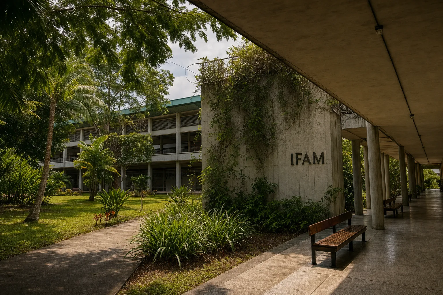 Passarela coberta de instituição educacional em Manaus, com vegetação tropical e arquitetura administrativa relacionada ao concurso IFAM 2026