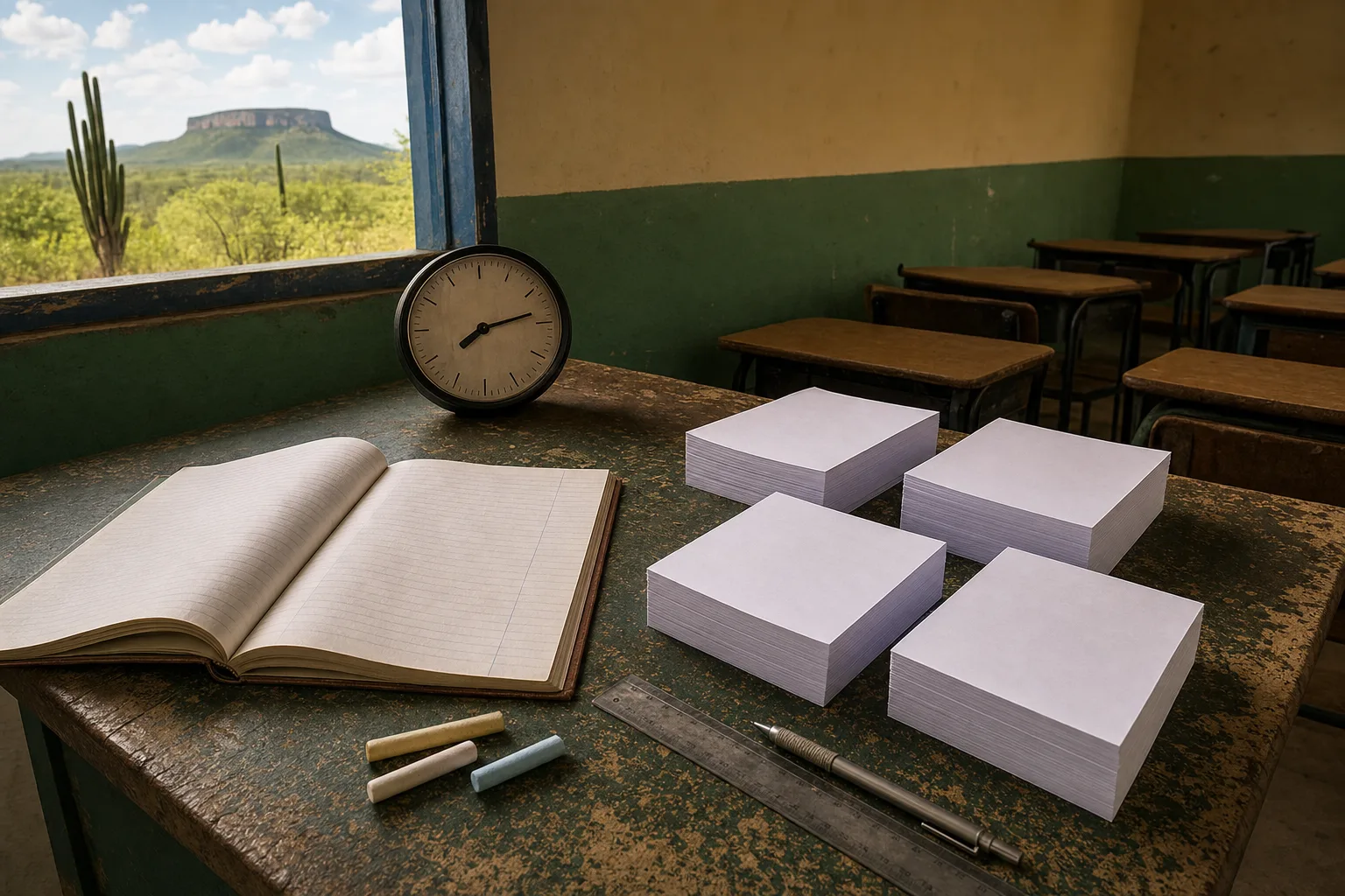 Mesa de sala com plano de aula, giz, régua, relógio e conjuntos de folhas que representam a organização da prova objetiva