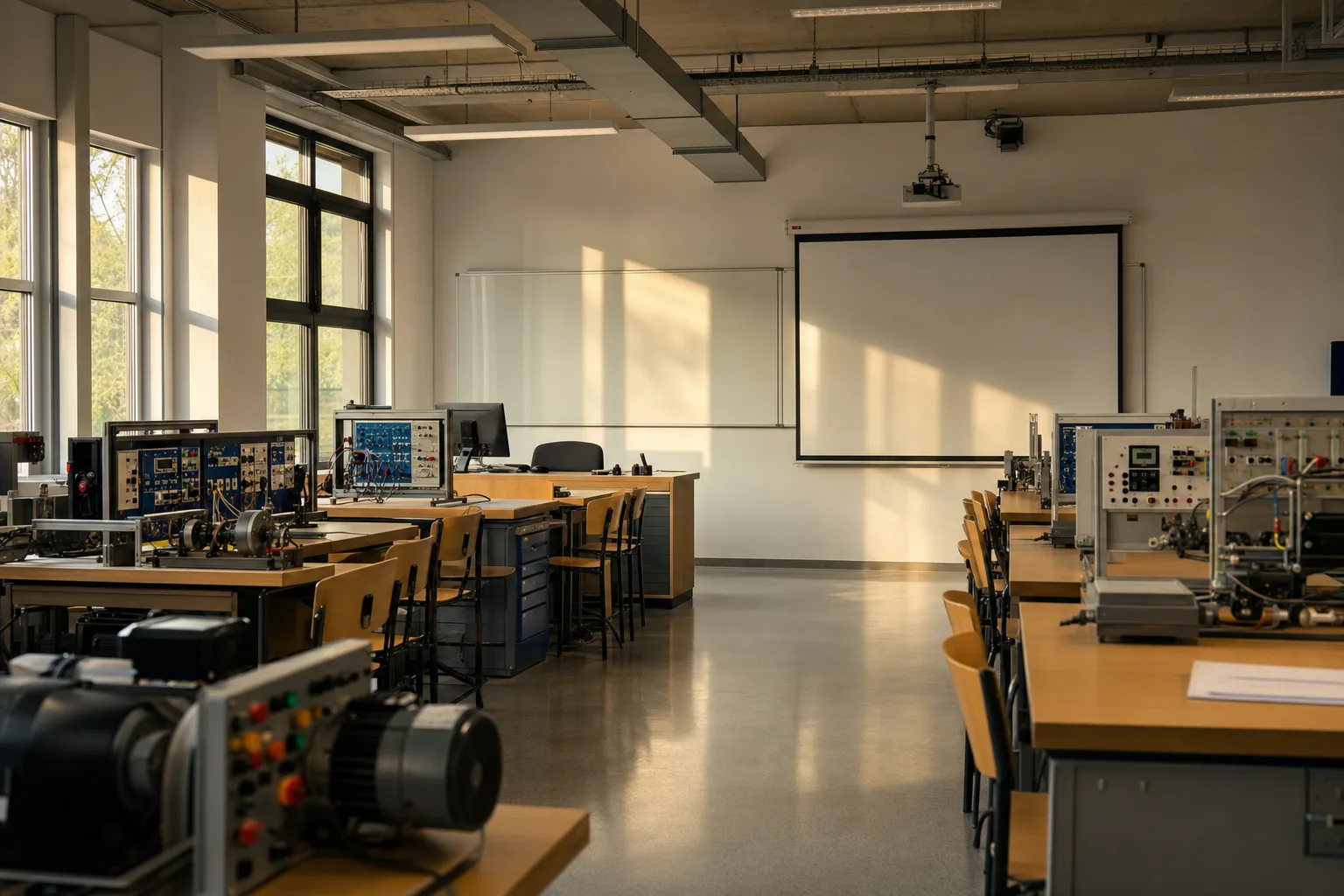 Laboratório técnico vazio preparado para uma aula demonstrativa, com quadro, projeção, bancadas e equipamentos em sequência