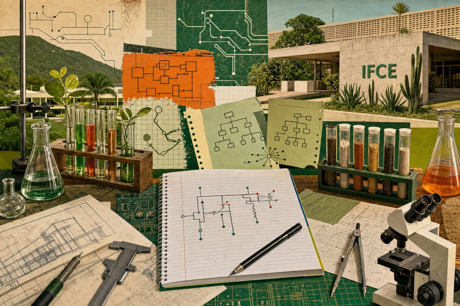 Colagem editorial de bancada de educação tecnológica com instrumentos, circuitos e folhas de prática relacionadas ao concurso IFCE