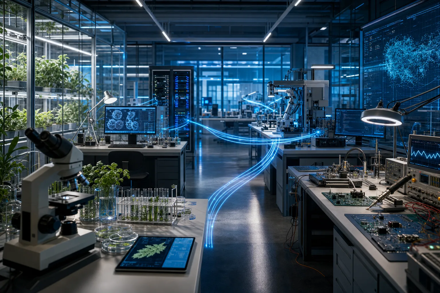 Laboratório de ciência e tecnologia com estações de biologia, eletrônica e computação conectadas visualmente