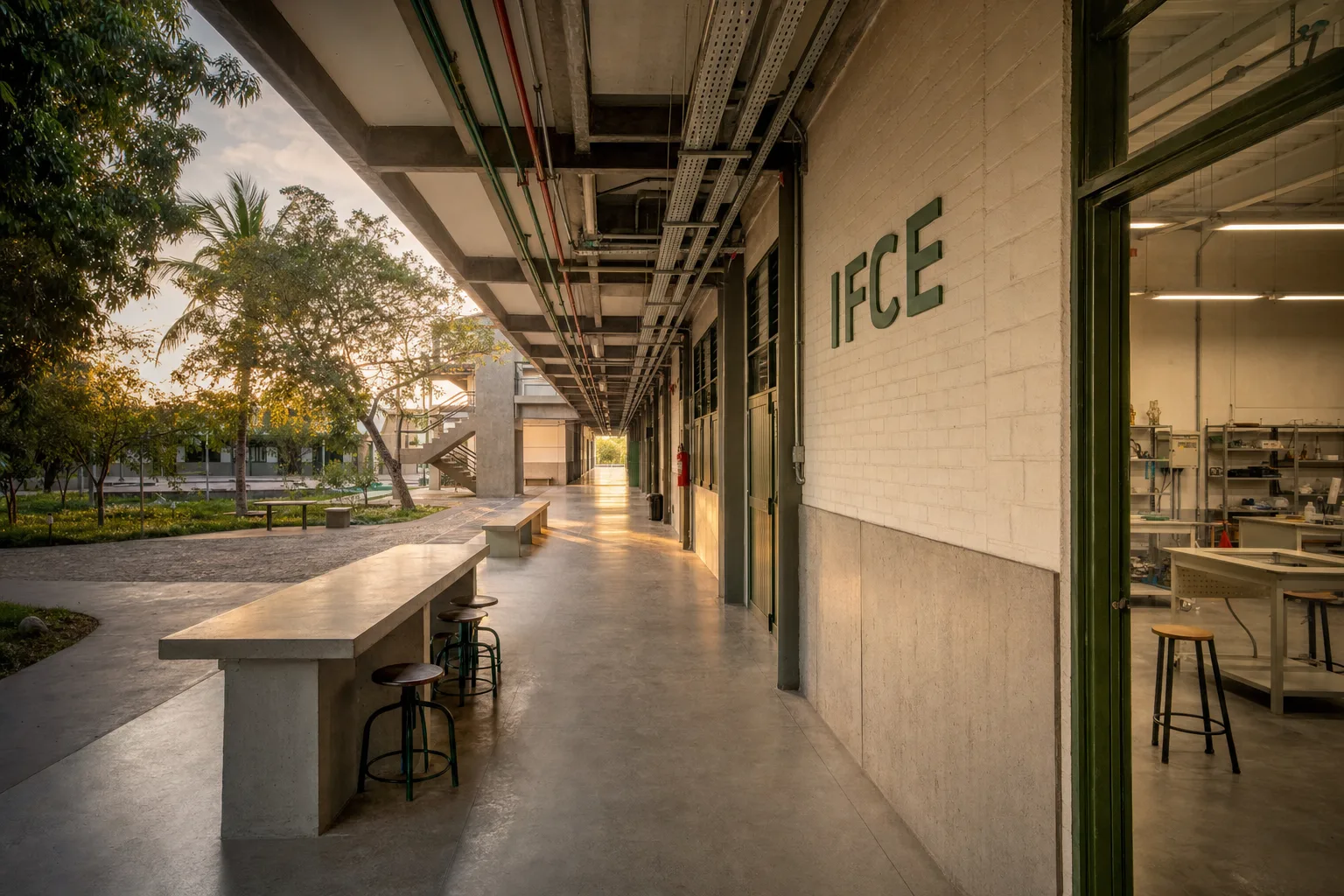 Corredor de campus técnico educacional com bancadas, portas de laboratório e conduítes aparentes, representando a rede do IFCE