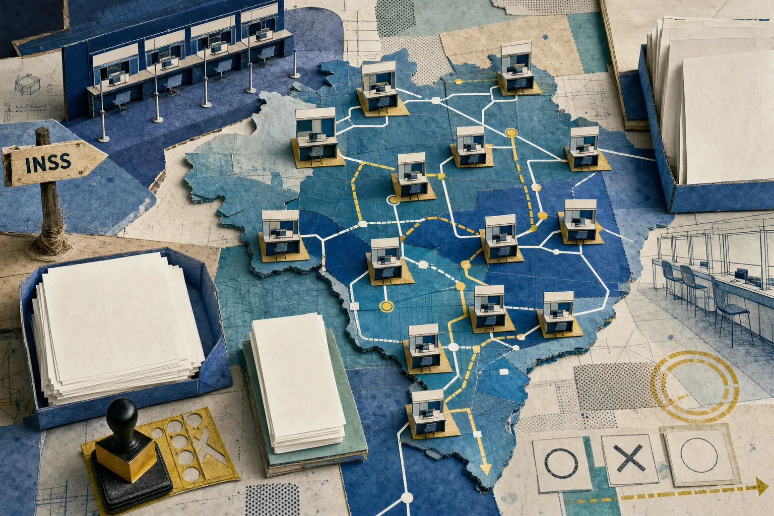 Atlas editorial de uma rede de atendimento previdenciário brasileira com rotas e fichas de triagem