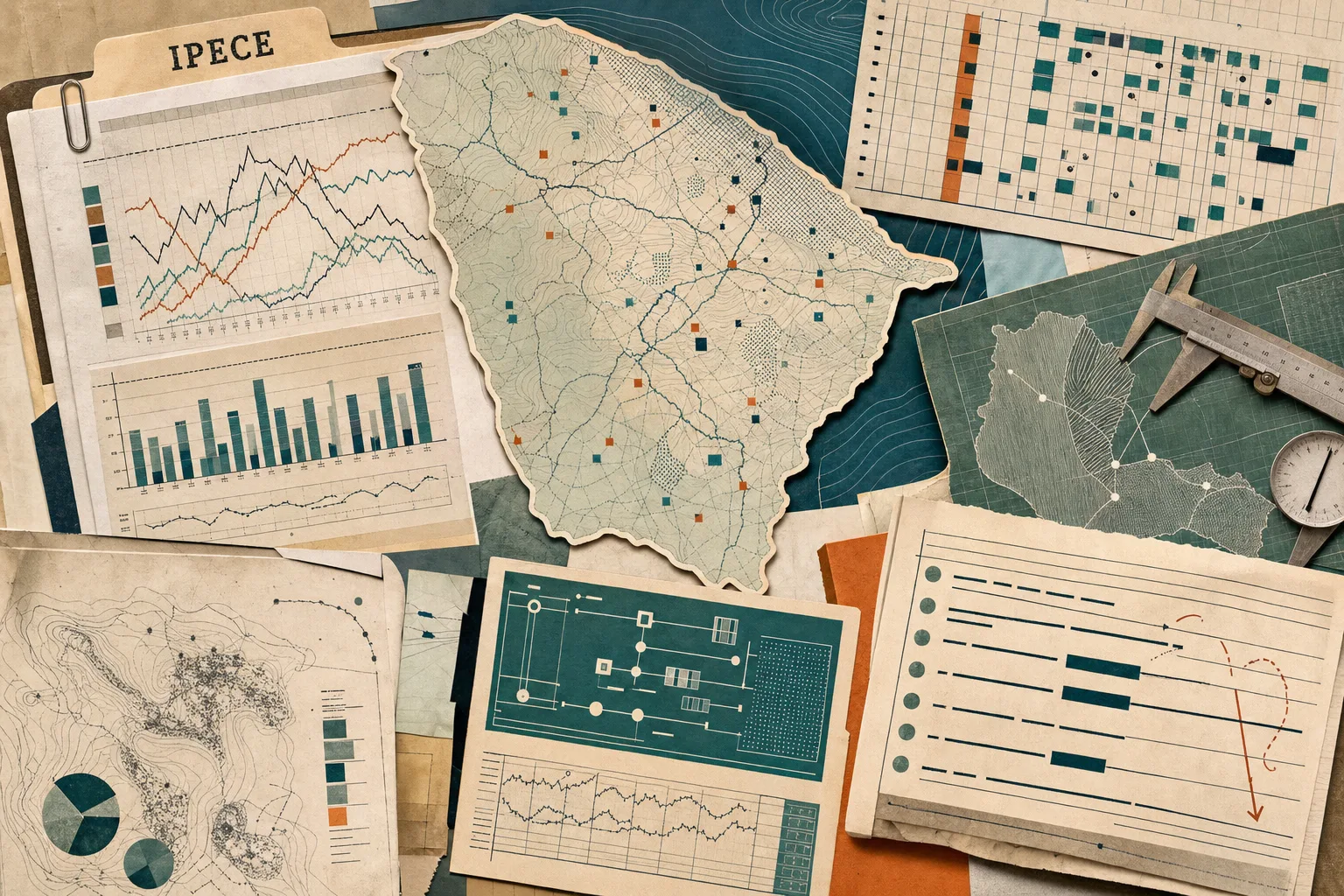 Instrumentos de pesquisa, gráficos e mapa esquemático ligados às cinco áreas do IPECE
