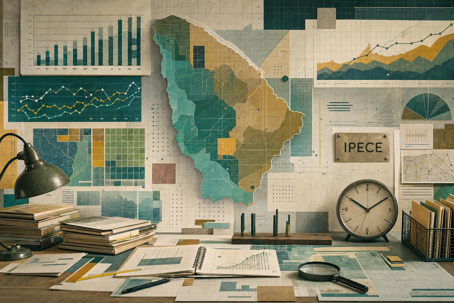 Colagem editorial com mapas, gráficos e anotações analíticas relacionadas ao concurso IPECE 2026
