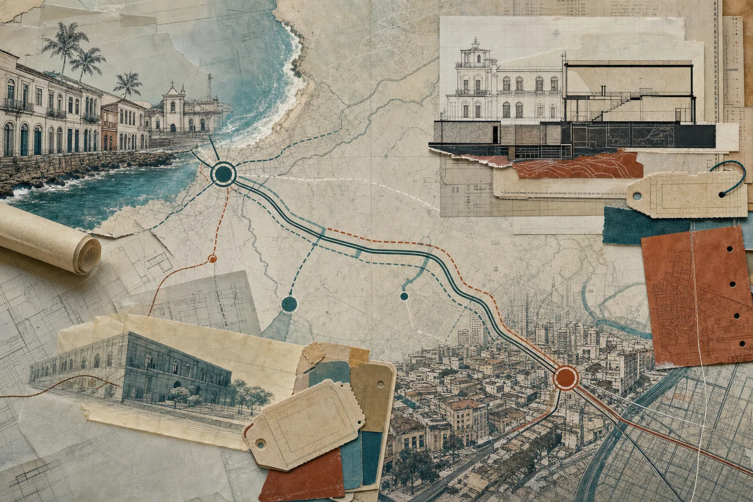 Mapa editorial abstrato com linhas de rota entre uma cidade costeira e uma cidade maior, representando a logística possível da prova