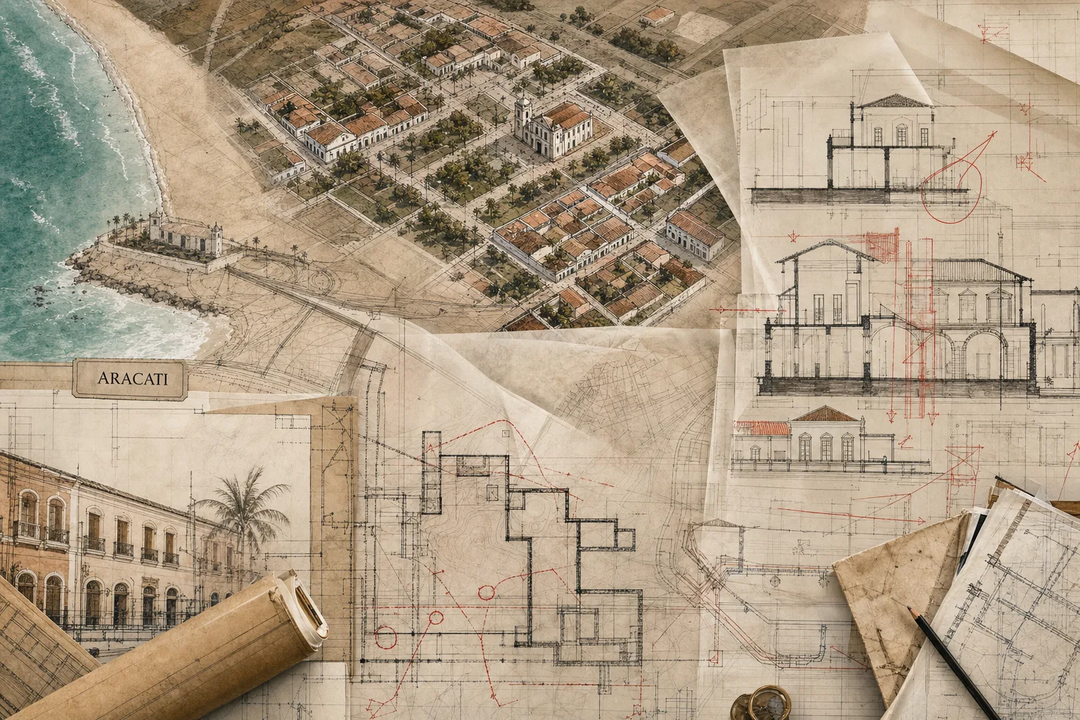 Planta editorial de uma cidade costeira inspirada em Aracati, com camadas de papel técnico e linhas de infraestrutura