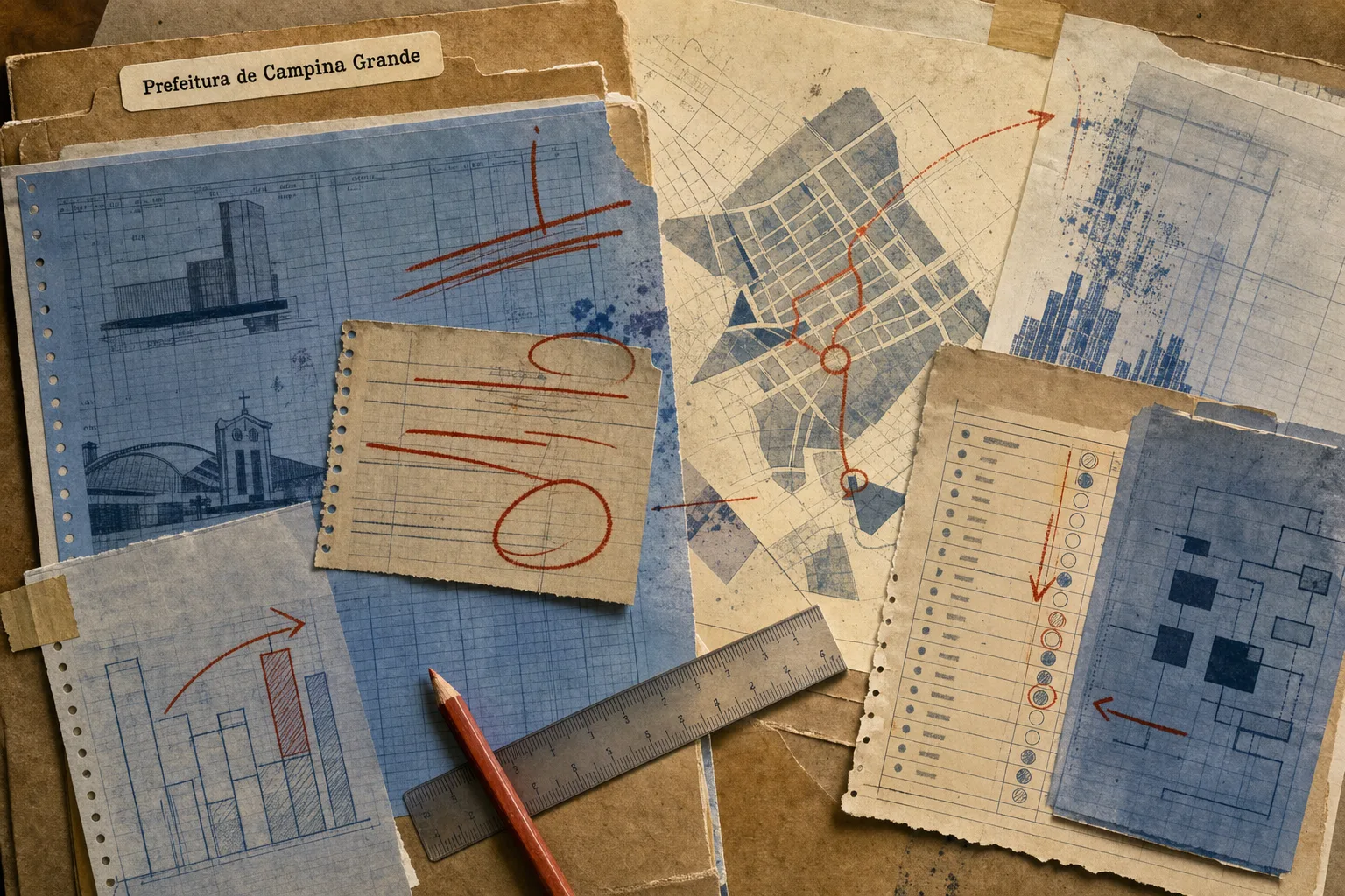 Folhas sobrepostas com marcas de correção e diagrama urbano abstrato para representar a conferência do histórico do concurso fiscal de Campina Grande