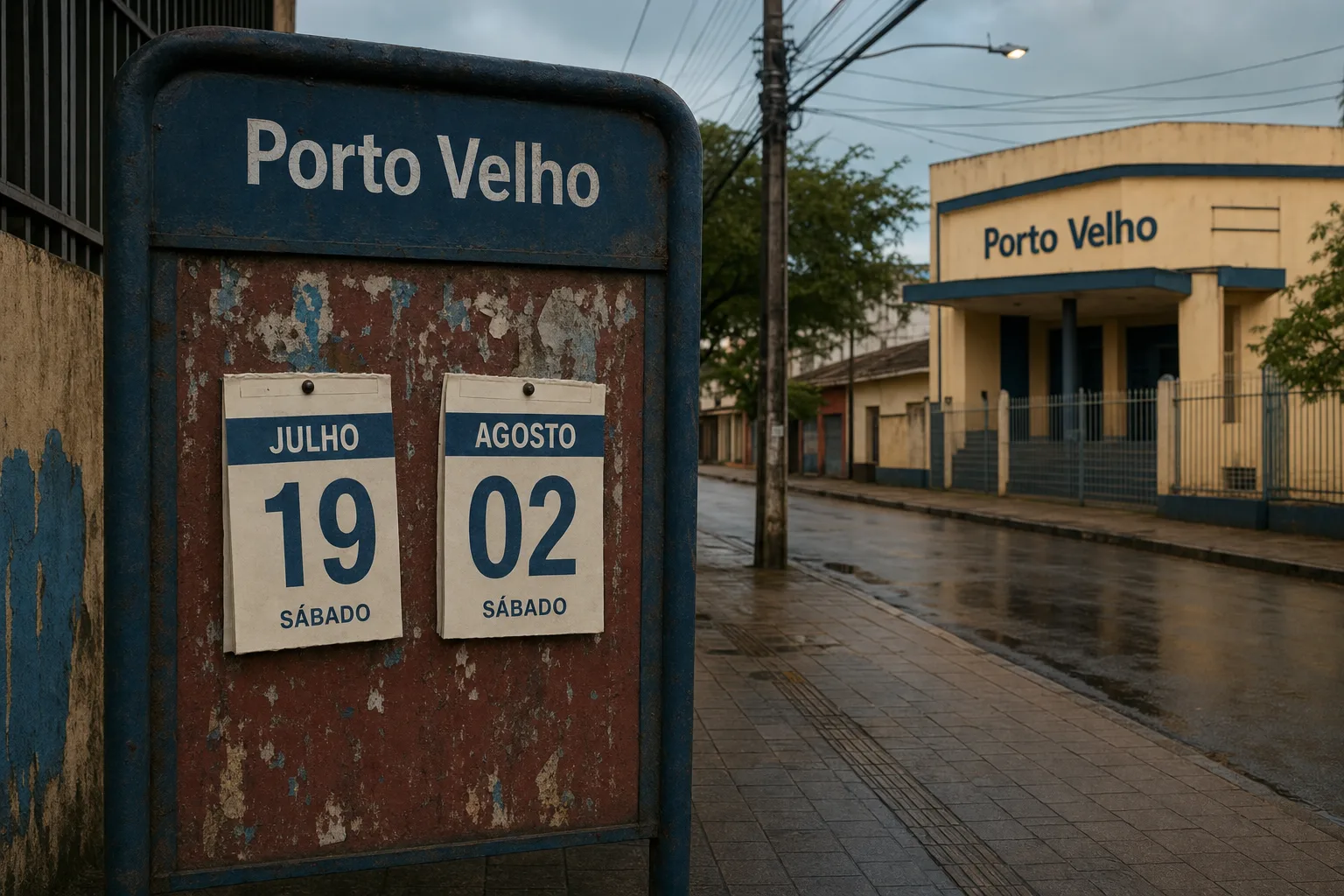 Rua de Porto Velho junto a um quadro de avisos com faixas de calendário que remetem às duas datas de prova do concurso