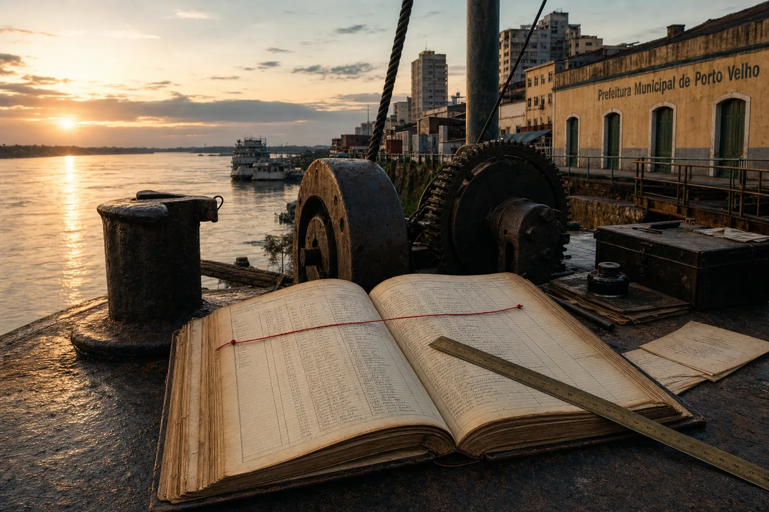 Livro-caixa aberto junto ao rio Madeira em Porto Velho, com papel, metal oxidado e marcações de fechamento