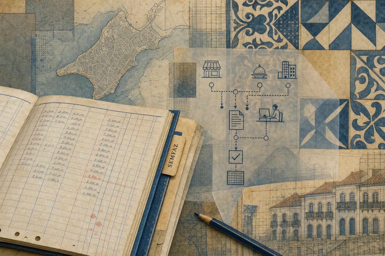 Livro fiscal municipal, papel de análise e azulejos geométricos representando a atividade tributária ligada à SEMFAZ de São Luís