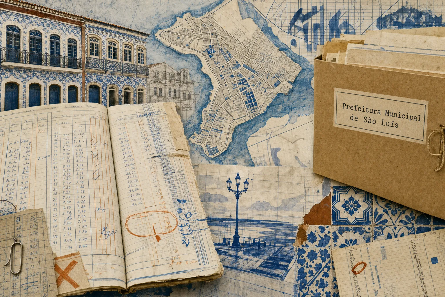Colagem editorial de São Luís com azulejos, mapa abstrato da ilha e folhas de livro-caixa ligadas ao concurso fiscal municipal