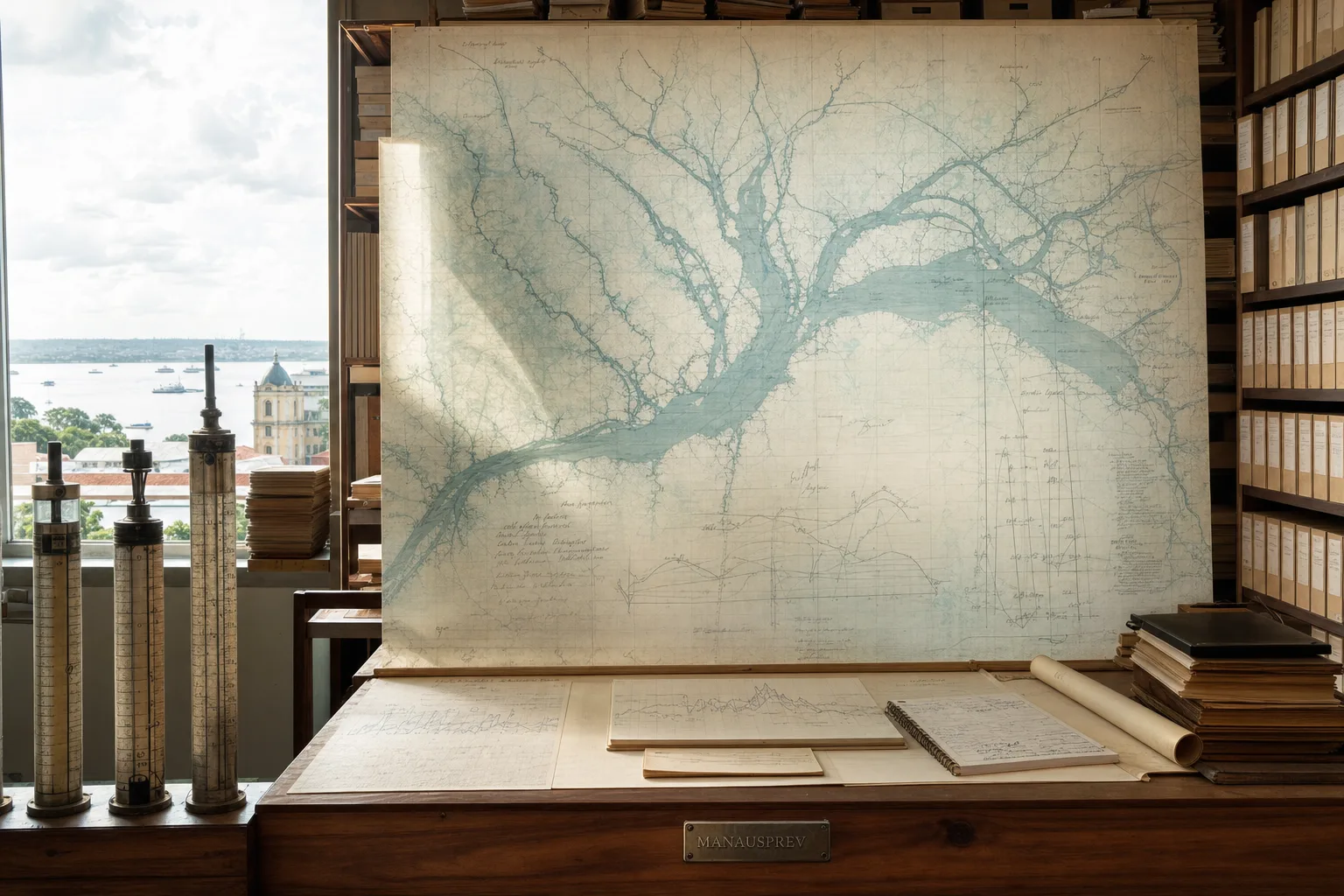 Sala de arquivos em Manaus com mapas de rios e instrumentos de medição, relacionada à continuidade institucional da ManausPrev