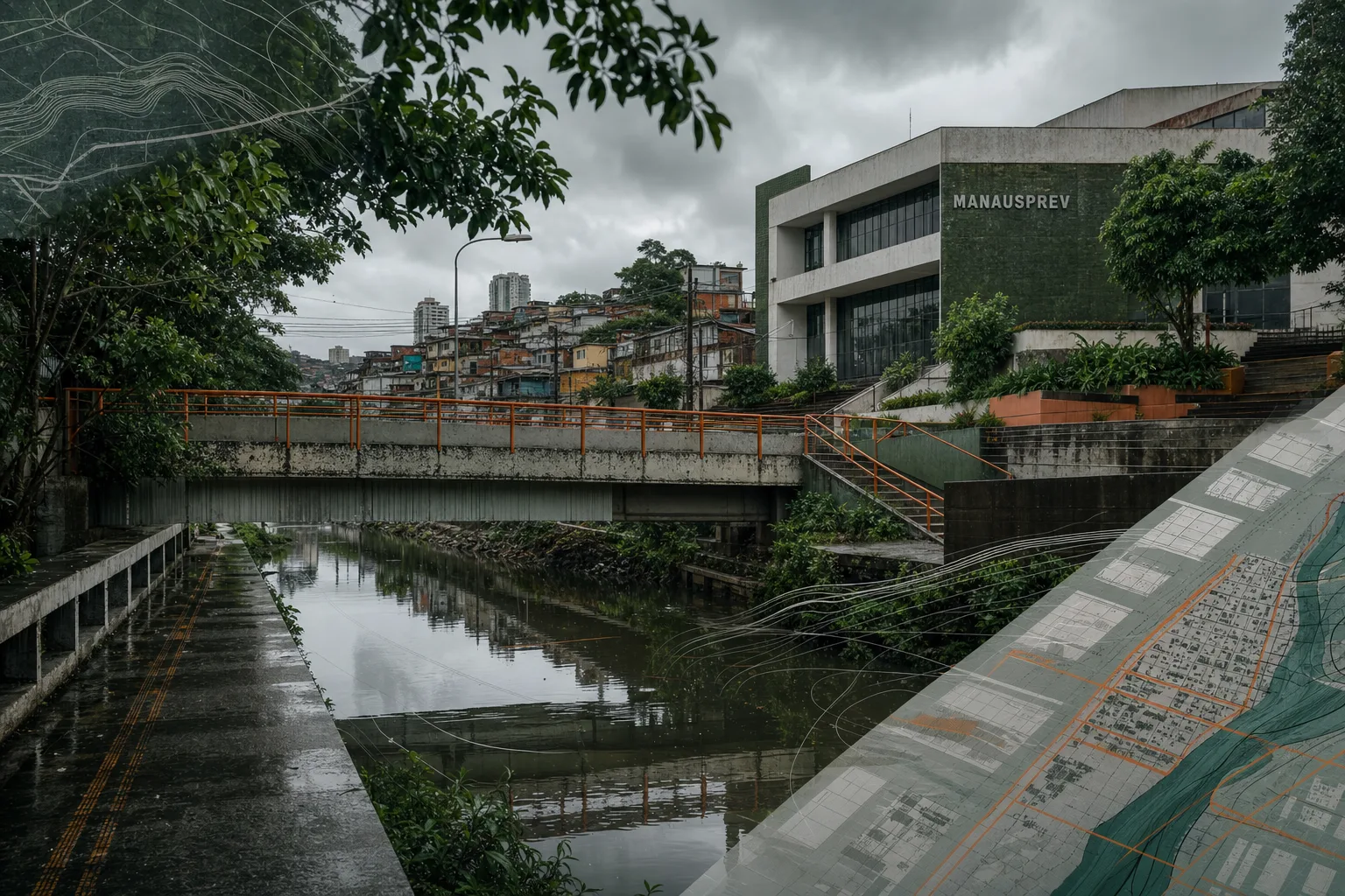 Infraestrutura urbana de Manaus ao lado de um igarapé, com canais de drenagem e linhas de corrente