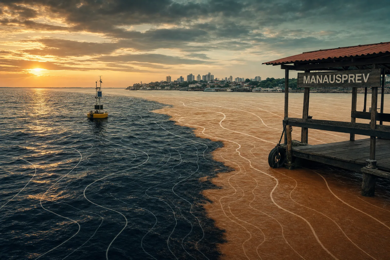 Encontro das Águas perto de Manaus, com águas escuras e ocres acompanhadas por linhas de monitoramento