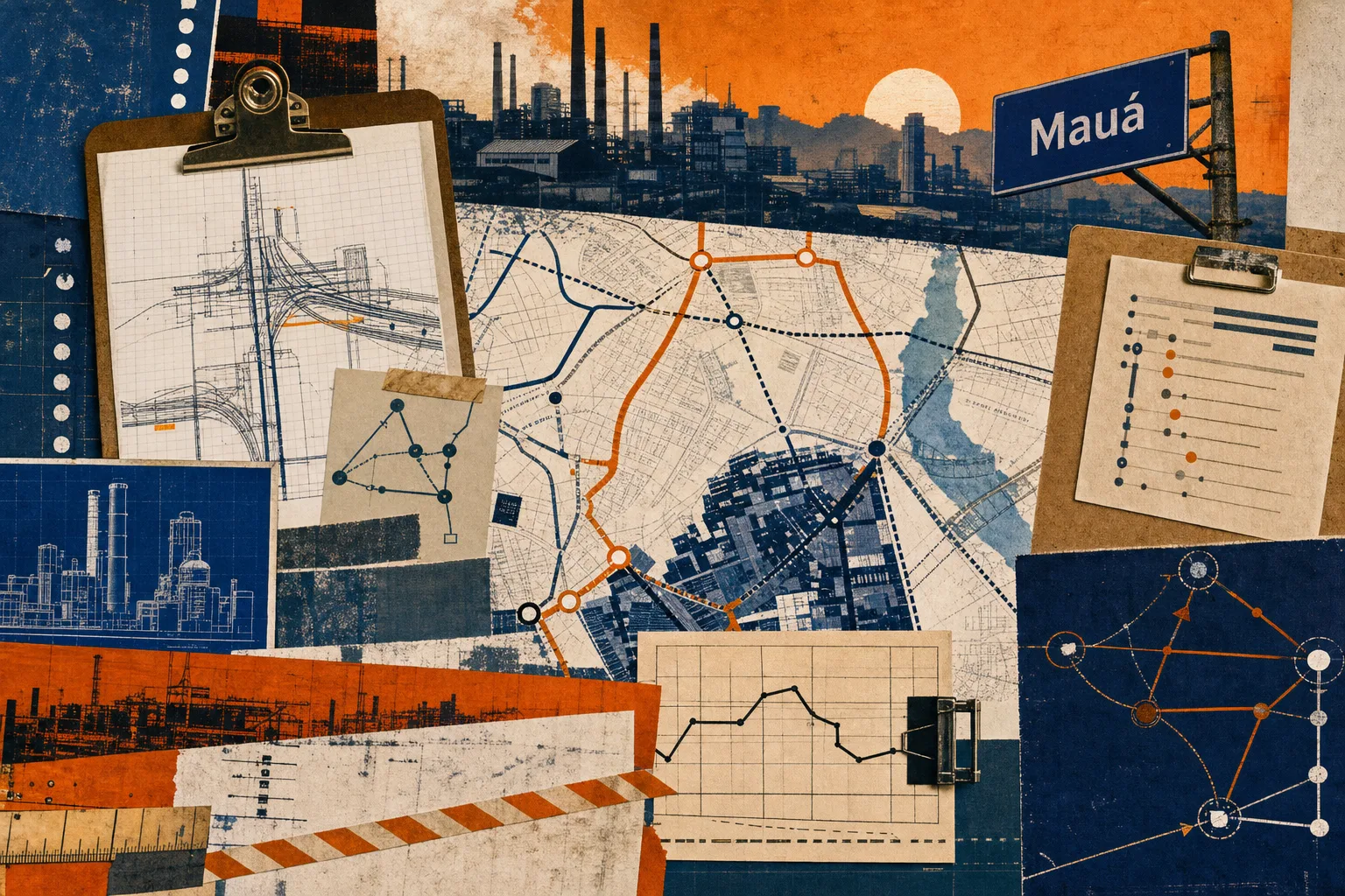 Colagem editorial de rotas urbanas e frentes de serviço municipal relacionadas ao concurso de Mauá
