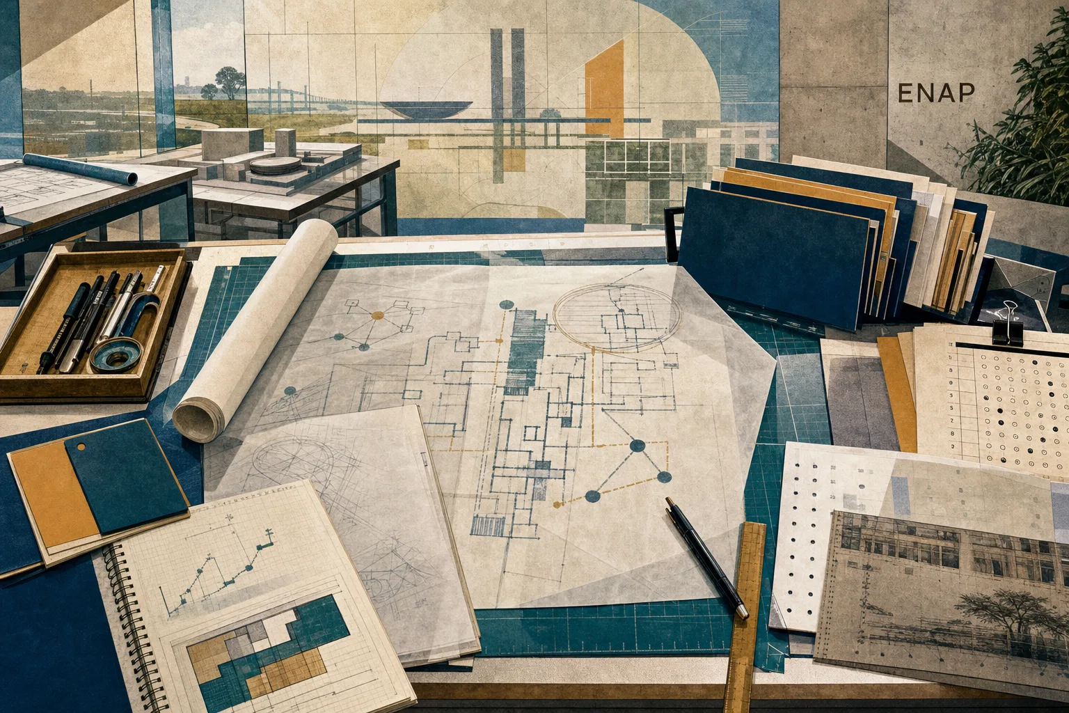 Colagem editorial de laboratório de formação pública com mesas modulares, eixos abstratos e materiais de estudo para o concurso ENAP