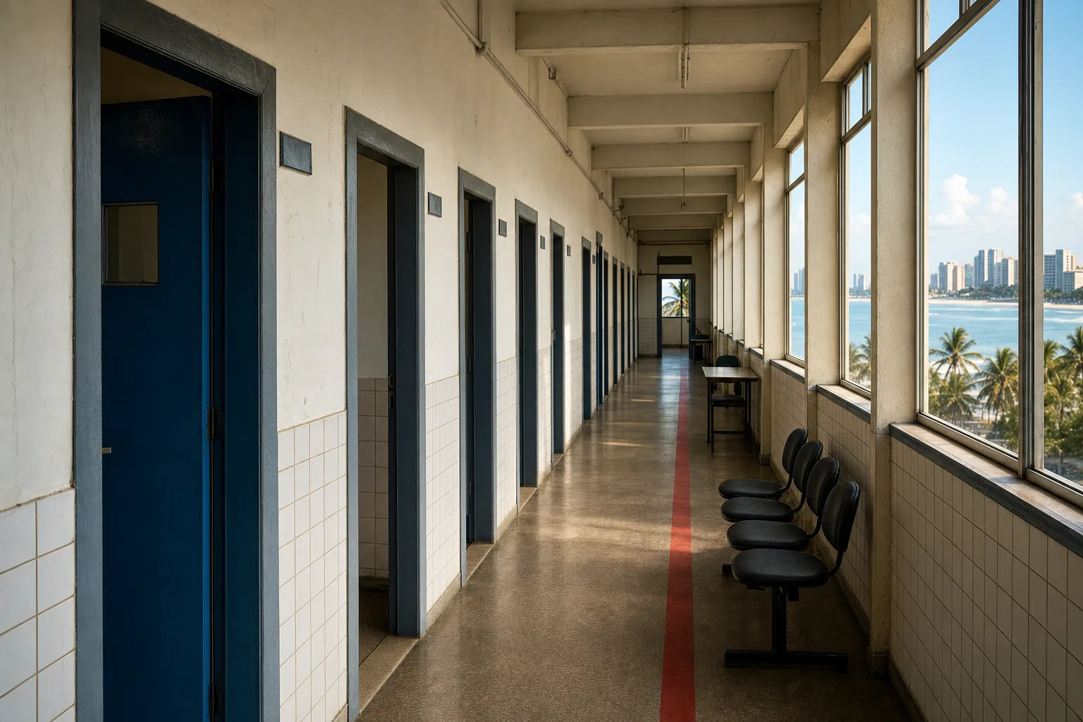 Corredor vazio de ambiente institucional em Maceió com luz da tarde, referência ao percurso até a prova do MP-AL