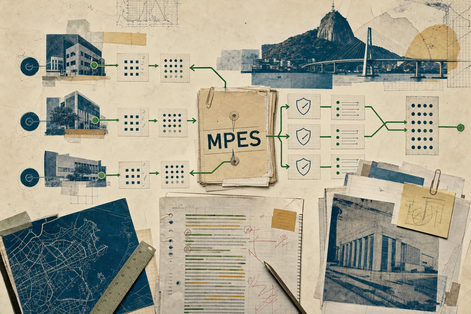 Colagem editorial de uma mesa de decisões em Vitória, com três rotas ligadas ao dossiê do concurso MPES