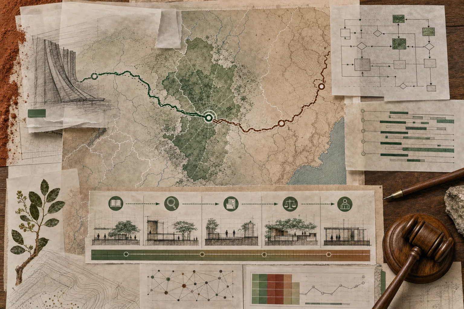 Mapa editorial com trajetos abstratos que convergem para Cuiabá e remetem à logística das provas do MP-MT