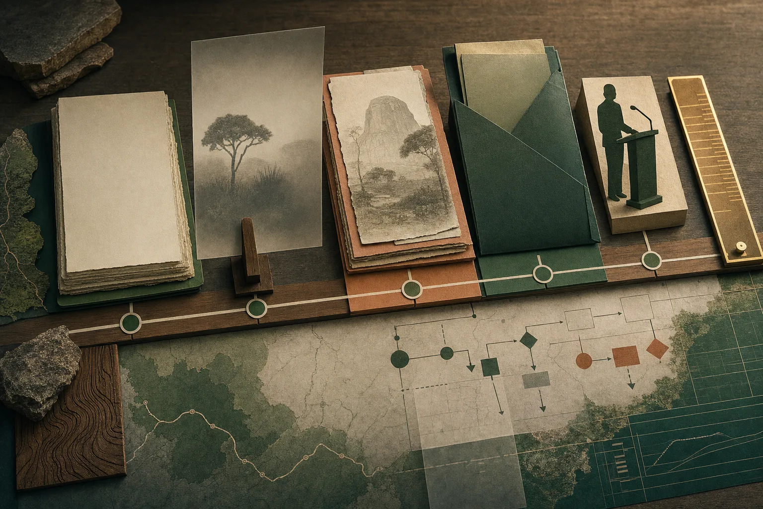 Mesa de trabalho com folhas, pasta, divisória e elementos que representam as etapas posteriores do concurso MP-MT