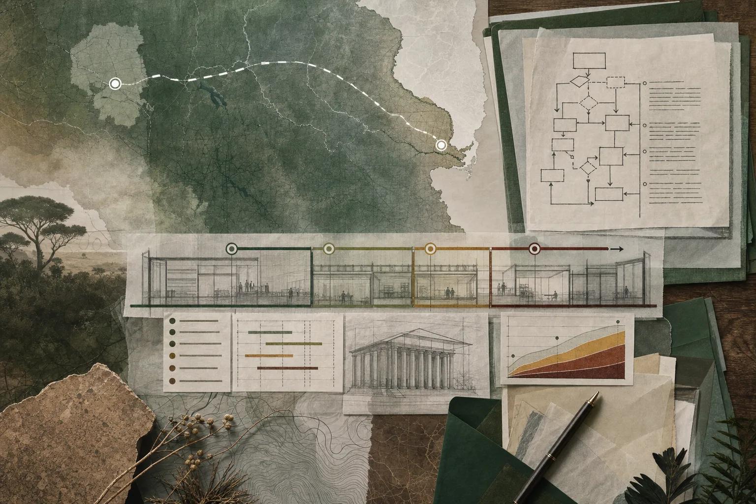 Mesa editorial de planejamento jurídico com mapas translúcidos e documentos ligados ao concurso MP-MT
