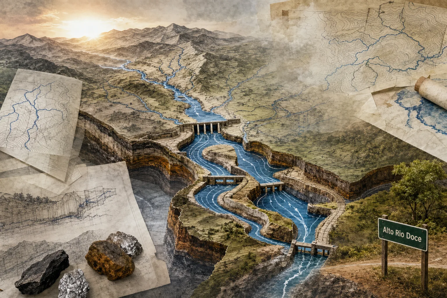 Atlas ilustrado de uma bacia fluvial mineira com estrada identificando Alto Rio Doce, representando a abertura do edital de 2026