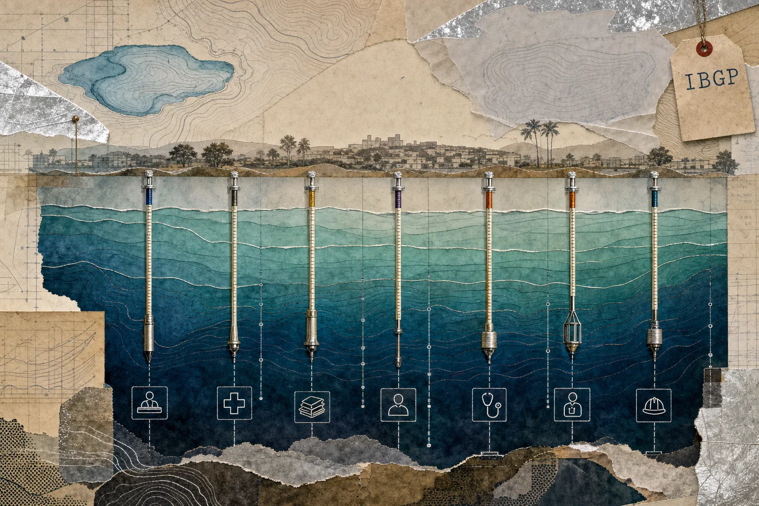 Composição topográfica com sondas descendo em camadas de água para representar os diferentes níveis, áreas e requisitos dos cargos