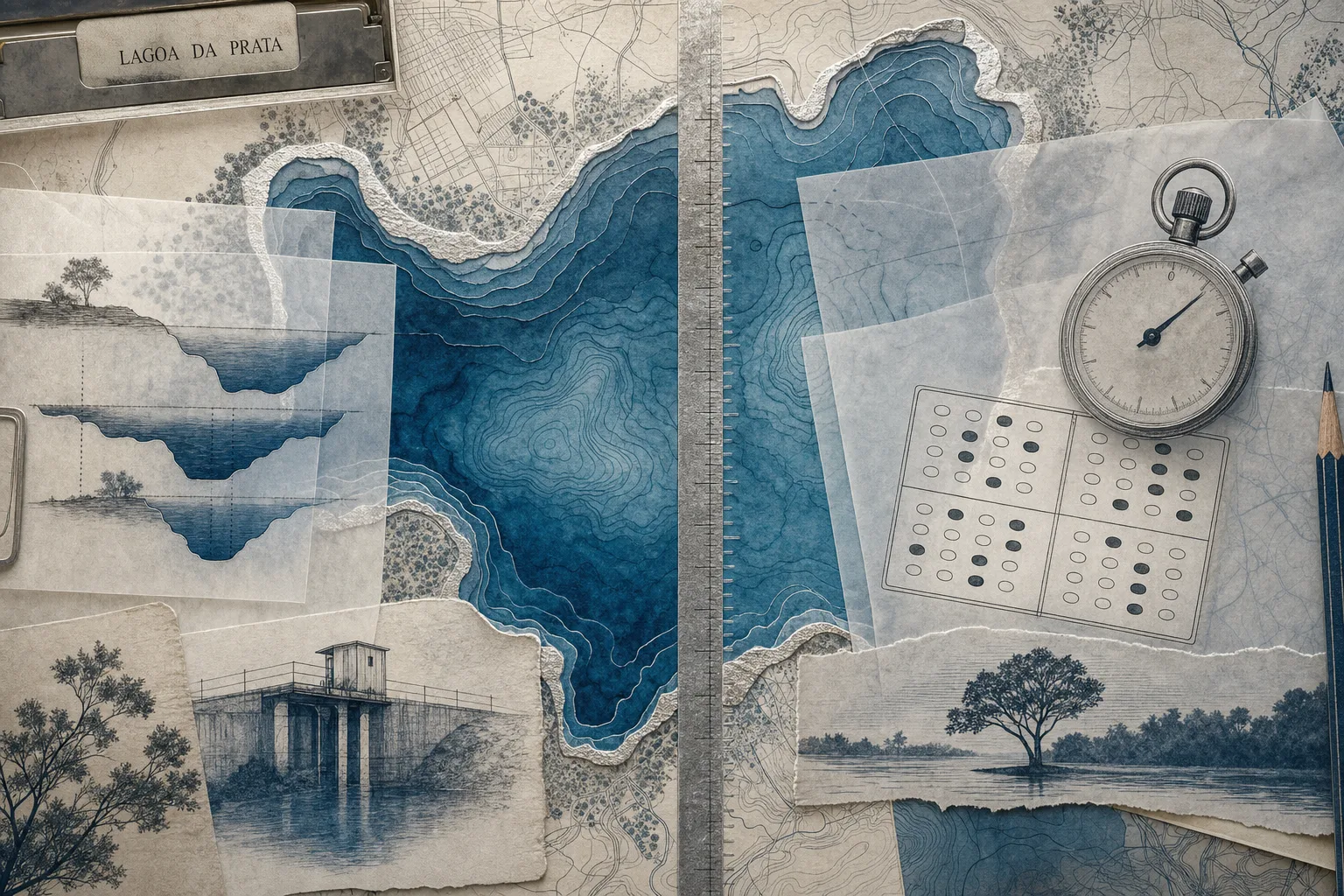 Camadas de papel vegetal sobre mapa de lagoa com grade de quatro respostas, relógio e linha prateada entre prova objetiva e títulos