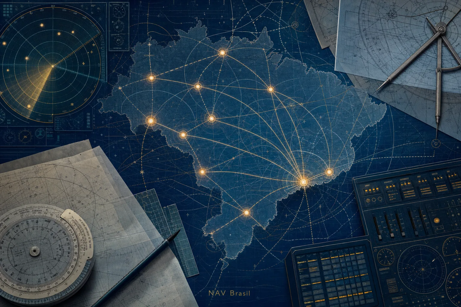 Arte cartográfica com corredores aéreos e nós de cidades ligados à operação da NAV Brasil