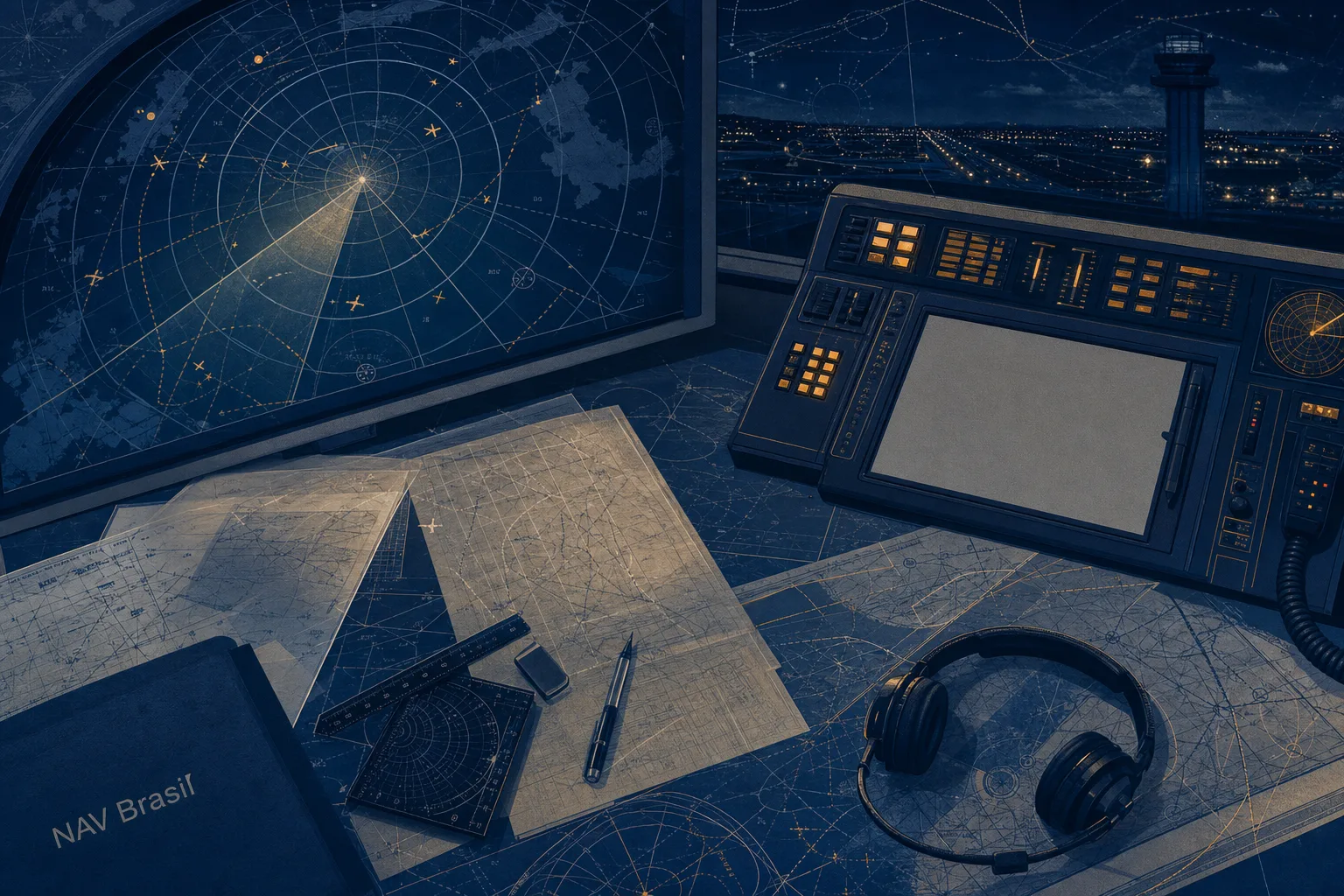 Mesa de operações de navegação aérea com radar e cartas técnicas, representando a preparação para o concurso NAV Brasil 2026