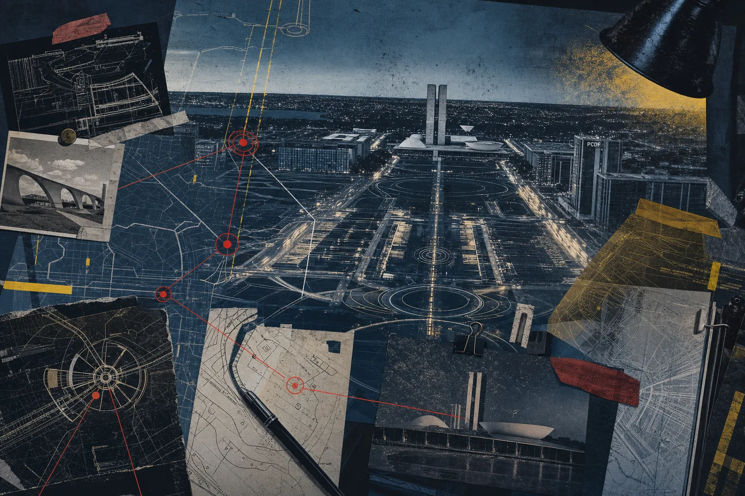 Colagem editorial dos eixos monumentais de Brasília com rotas de investigação e pontos de controle