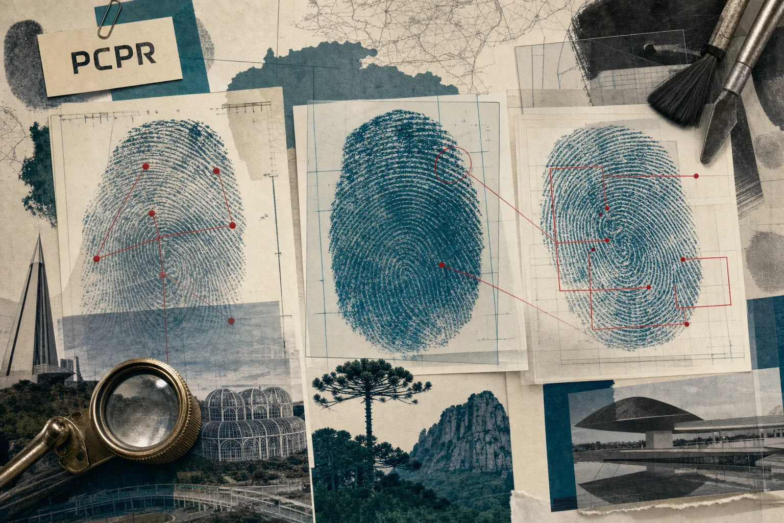 Três pranchas de impressões digitais em papel de laboratório que representam as carreiras da PCPR