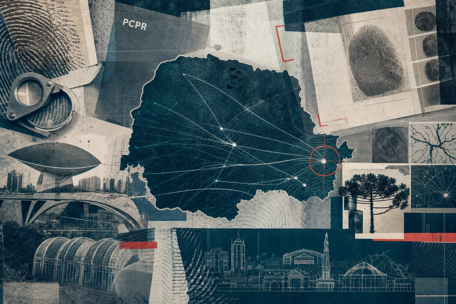Mapa ilustrado do Paraná com conexões de linhas semelhantes a impressões digitais entre territórios de atuação da PCPR