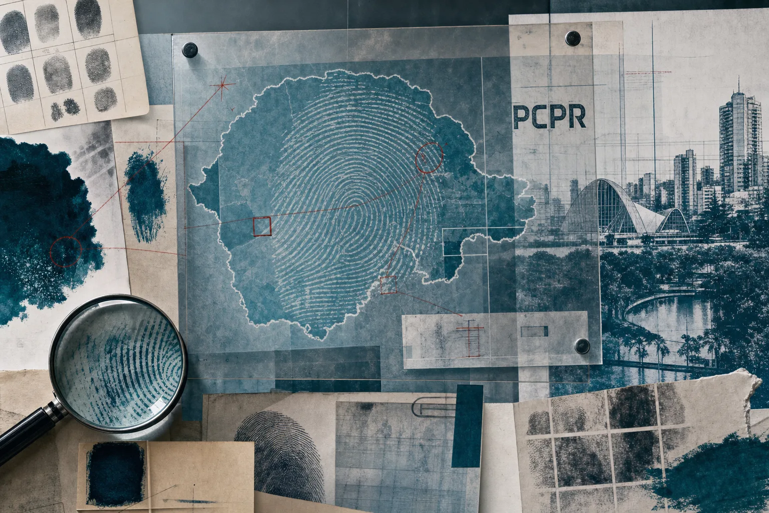 Prancha editorial de laboratório com impressão digital, mapa abstrato do Paraná e marcas de análise para o concurso PCPR