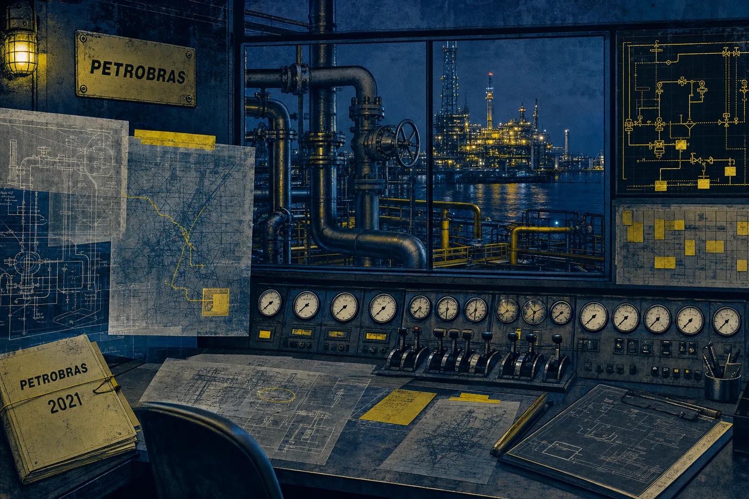 Sala de controle petroindustrial vazia, com instrumentos analógicos e rotas operacionais para acompanhar o pré-edital Petrobras