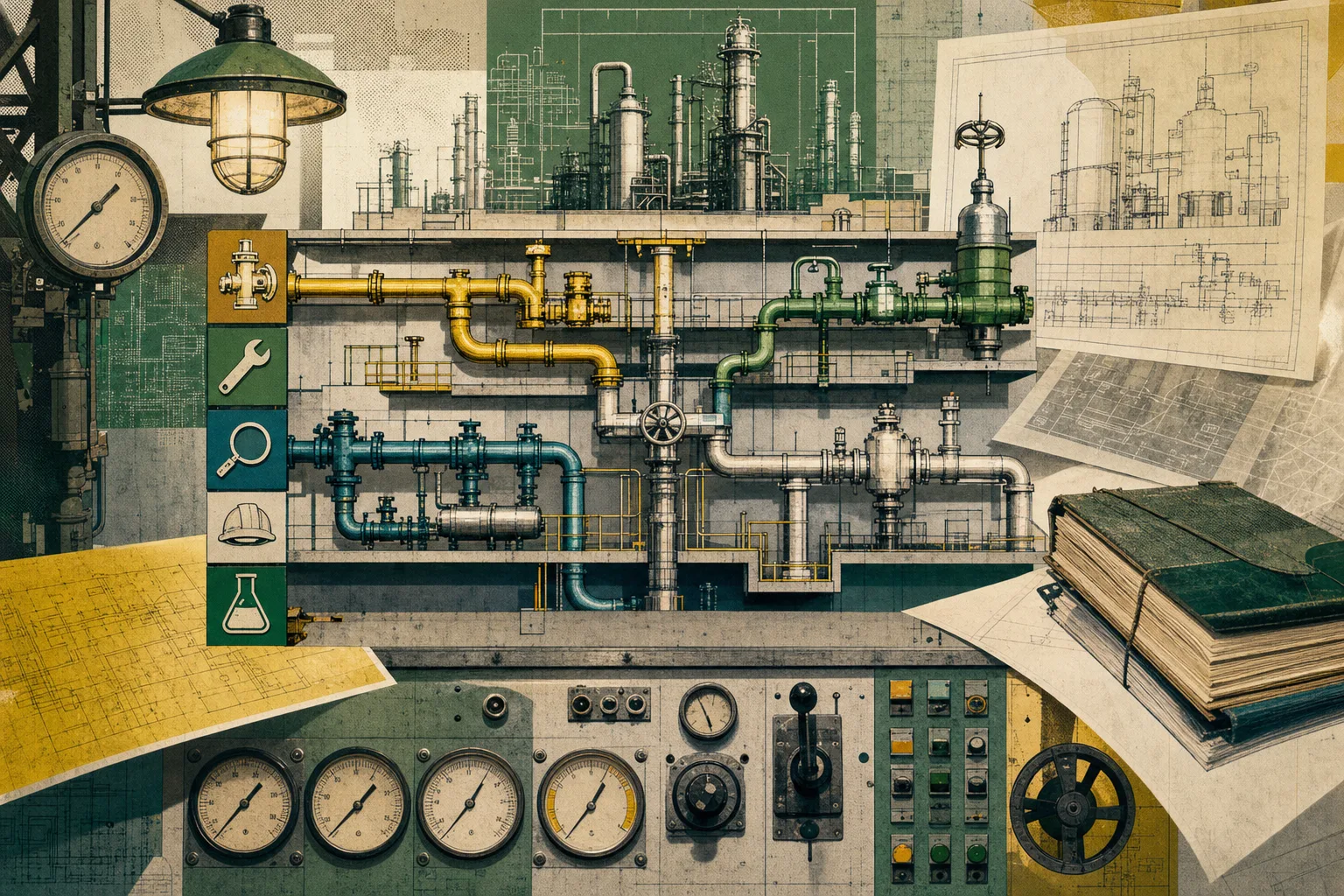 Ilustração de rede de processo industrial com ramais técnicos relacionados às ênfases do último concurso Petrobras
