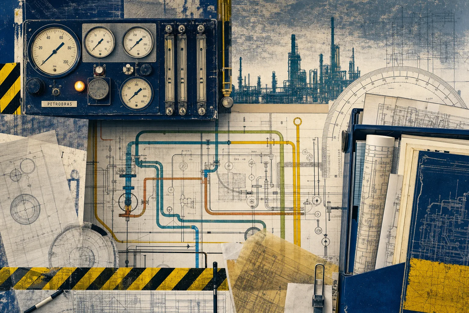 Colagem editorial de sala de controle industrial com manômetros, tubulações e plantas técnicas para o concurso Petrobras
